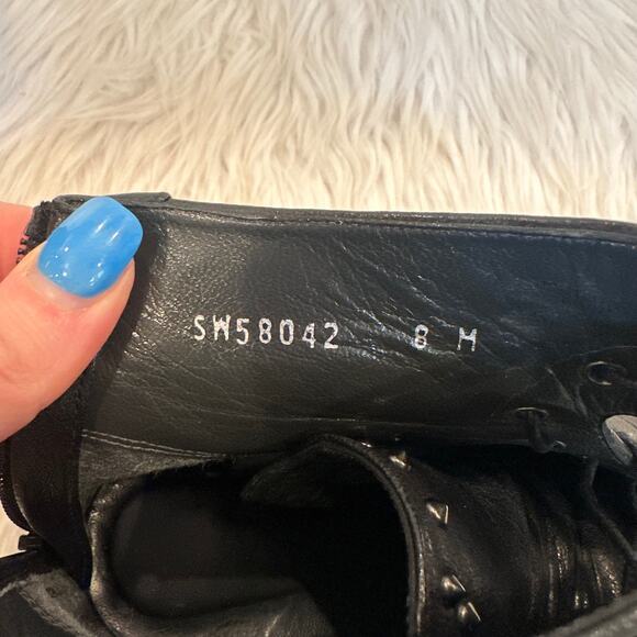 Stuart Weitzman Lashease Studded Moto Ankle Boots Leather Lace-Up Flat Black - Picture 10 of 10